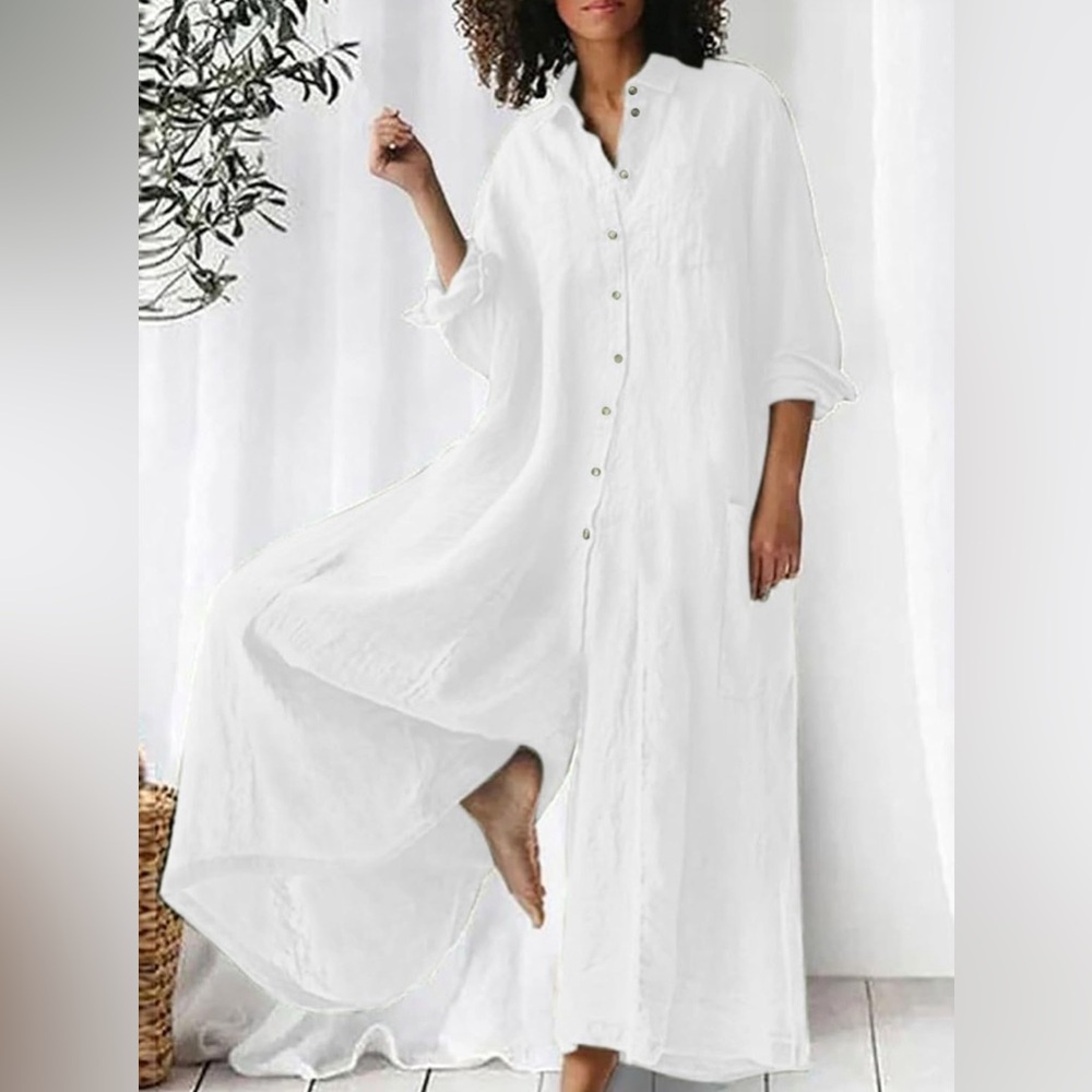 CHARTOU White Linen Button Up Long Sleeve Wide Leg Jumpsuit Resort Beach XL NWT
